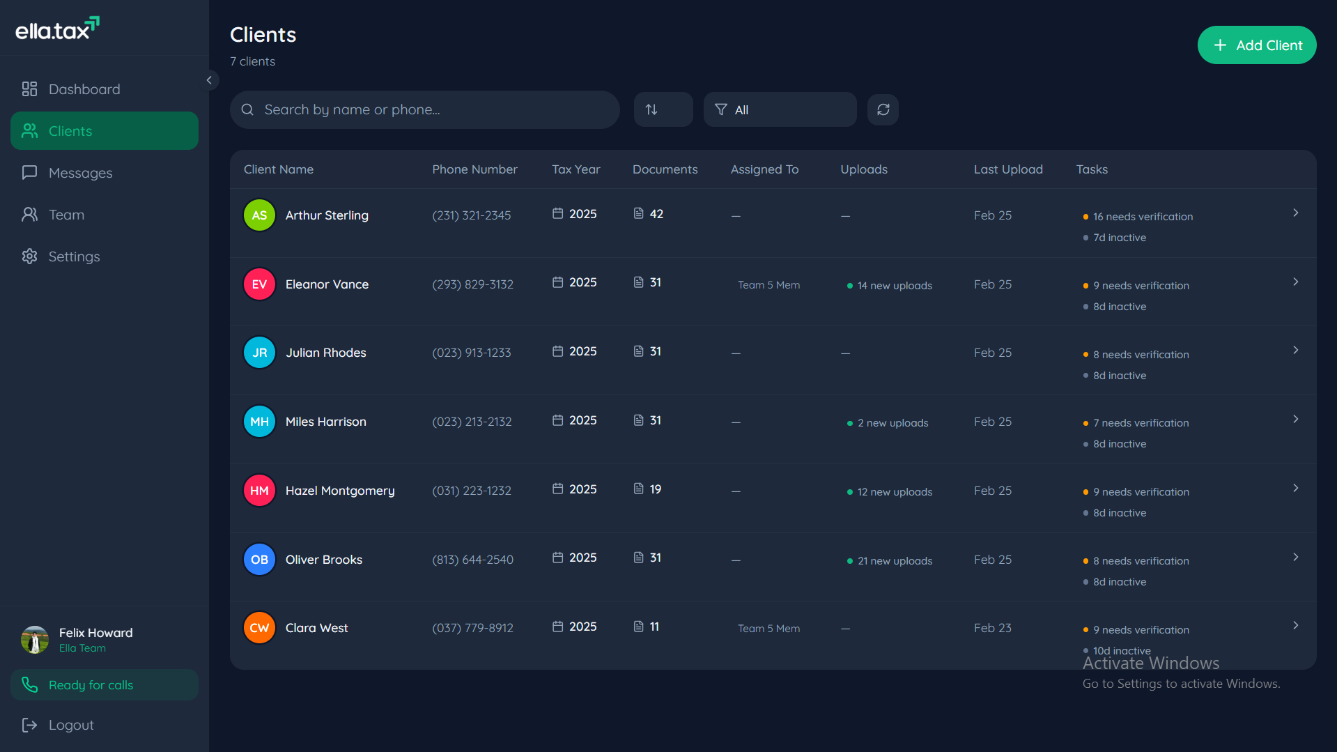 Ella client management dashboard showing a list of clients with their documents, uploads, and task status