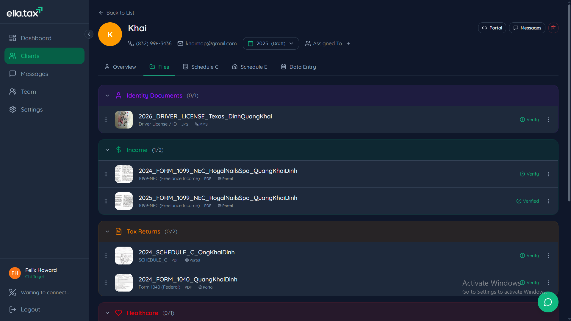 Ella client dashboard showing organized tax documents by category