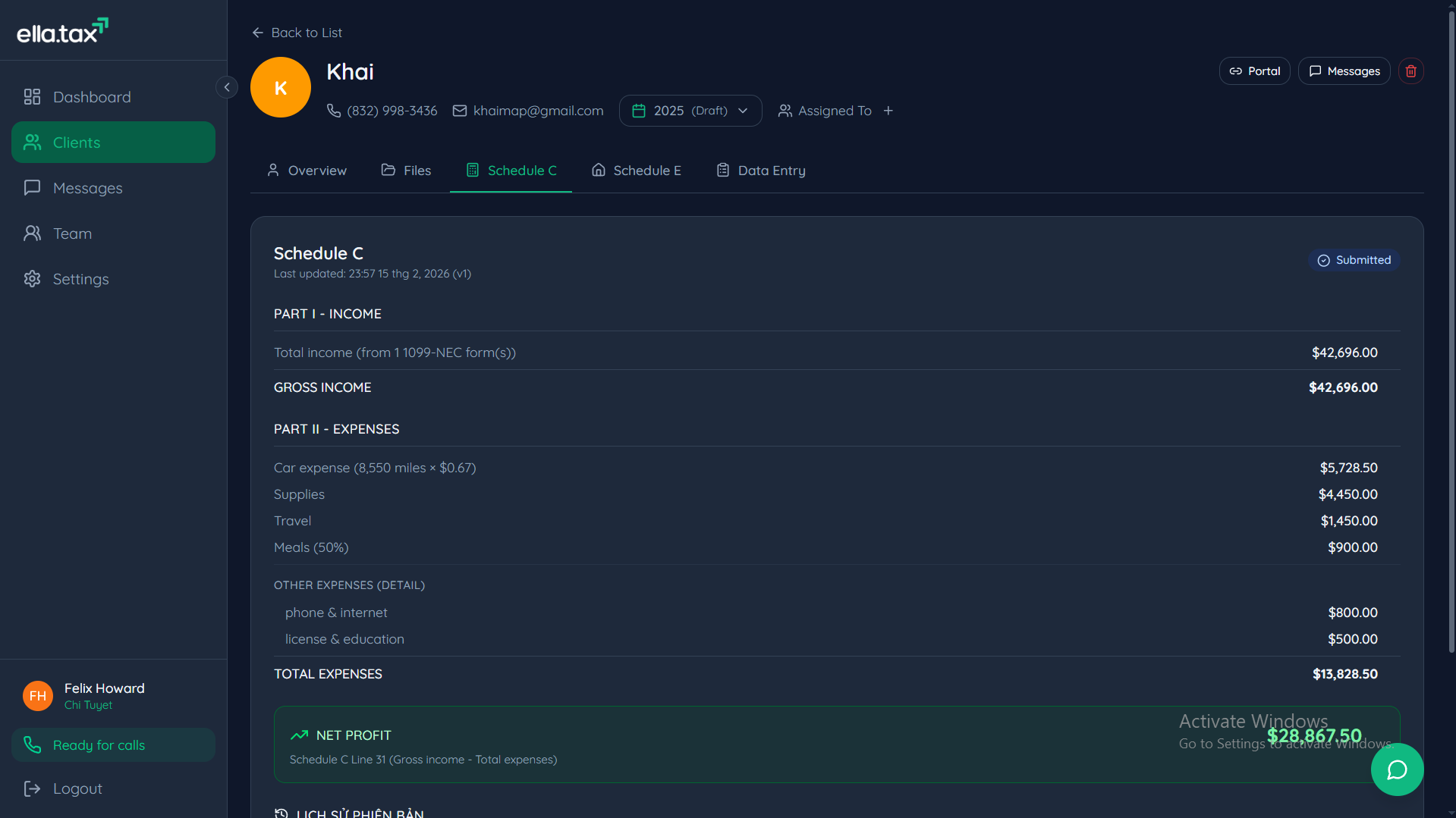 Schedule C view showing classified income and expense data