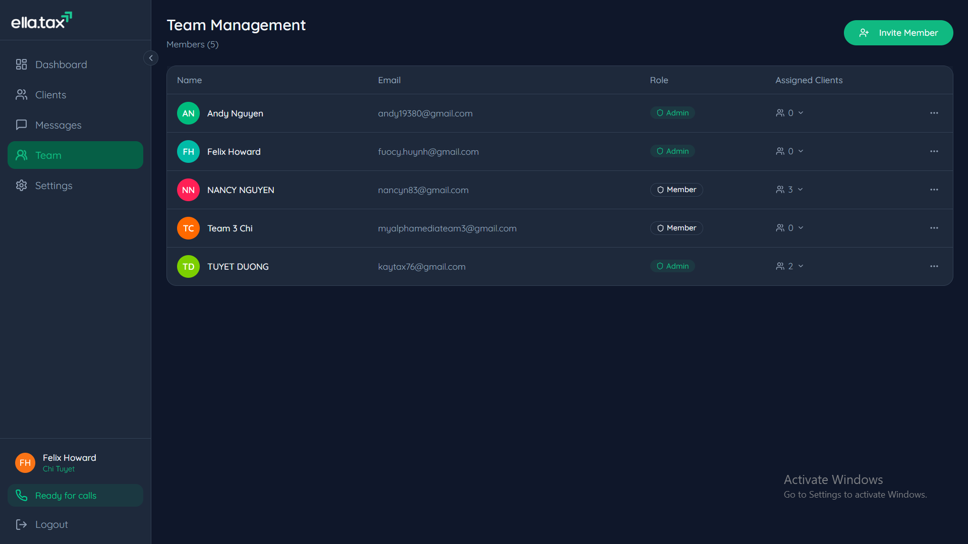 Clients list view with team assignment management