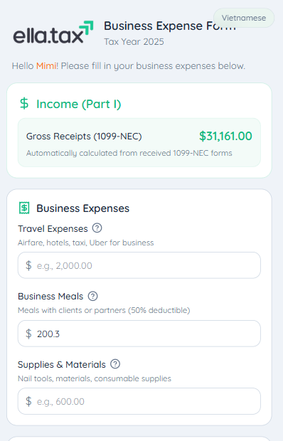 Business expense form with income and expenses