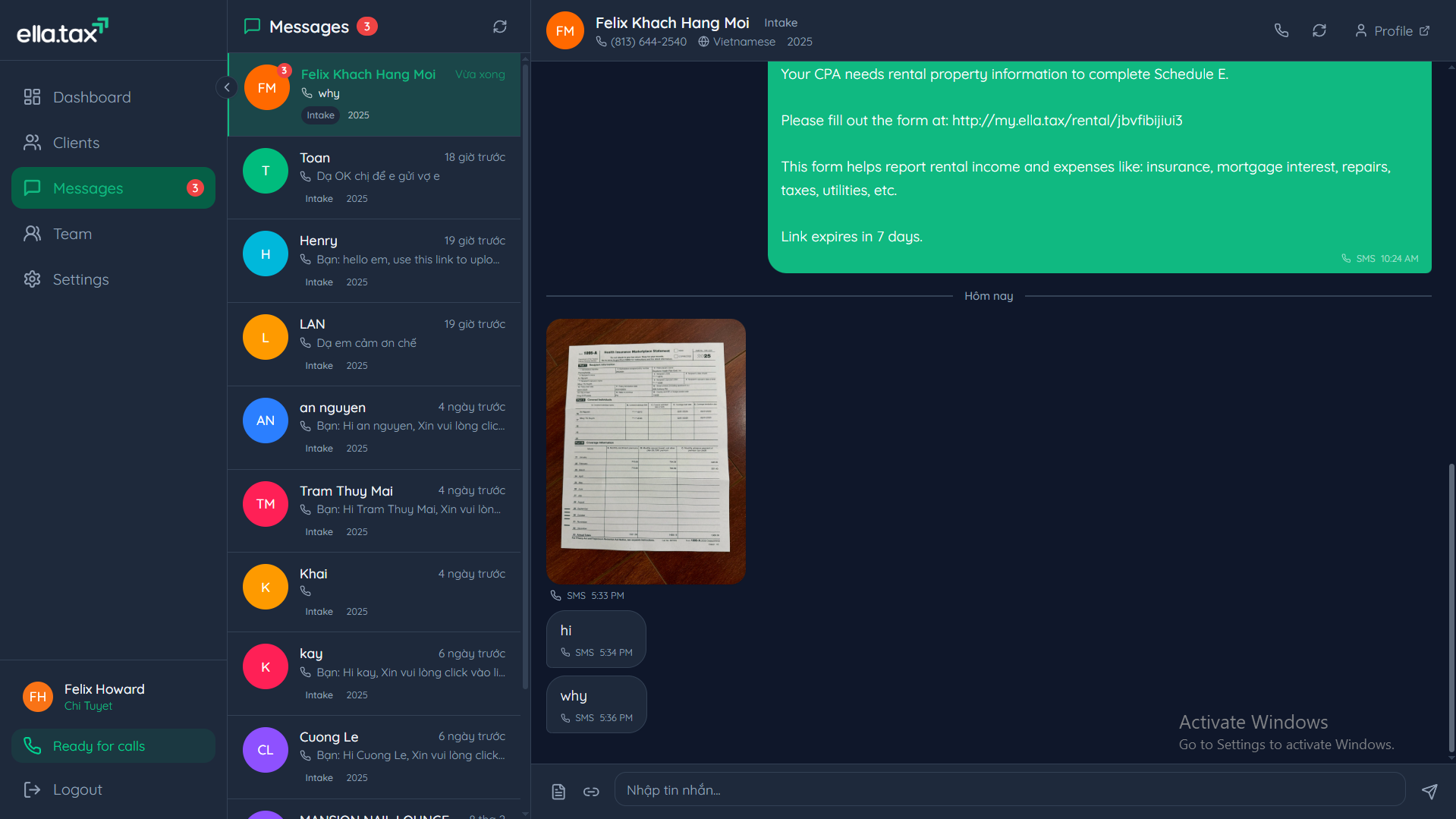 SMS messaging interface showing clients sending documents directly via text