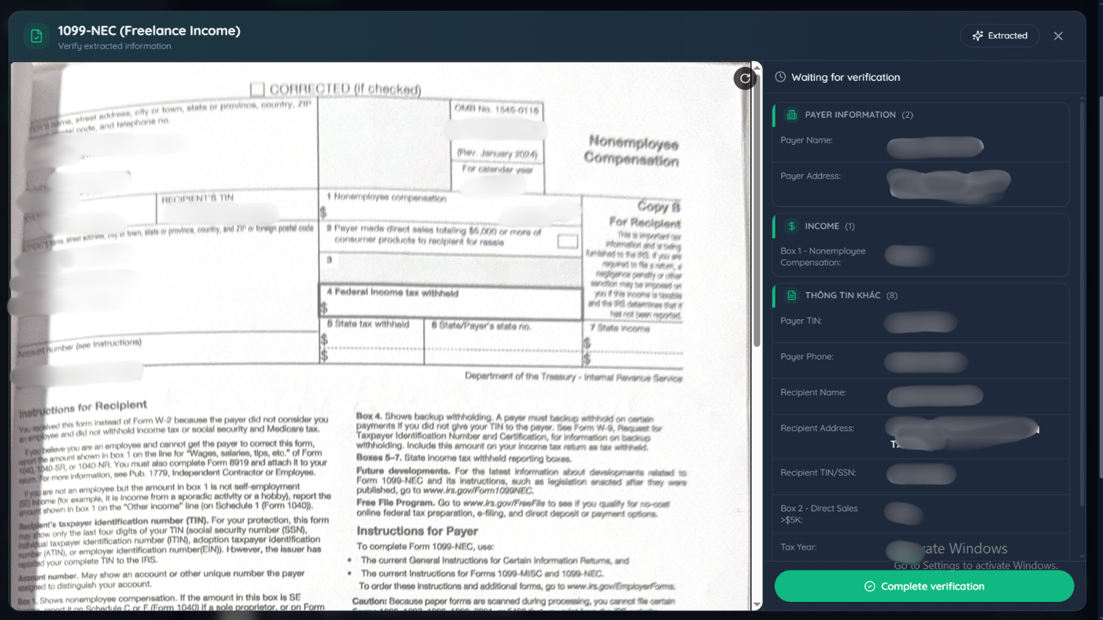 AI extracting structured data from a 1099-NEC tax form